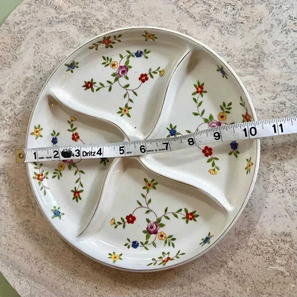 Vintage White Floral Round Four Section Divided Dish Plate Hand Painted Japan‎